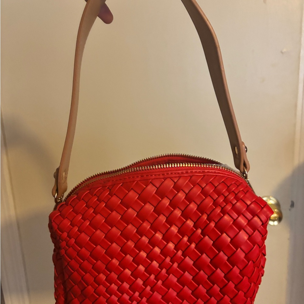 Shiraleah Red Woven faux leather Shoulder Bag with Tan Handle and gold hardware